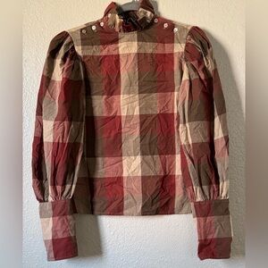 Plaid Button-Up Blouse - Red and Tan